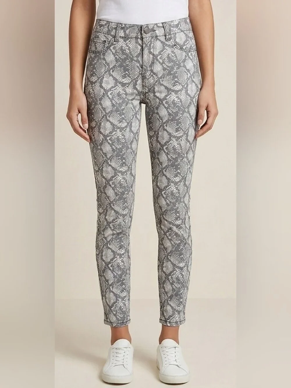 Seven7 TummyLess Gray Snake-Print Cotton Blend High Waist Skinny Jeans 12